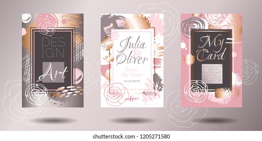 Golden pink art frames. Modern card design, brush stroke, gold, premium brochure, flyer, invitation template. Business identity elegant style. Hand drawn vector.