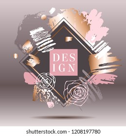 Golden pink art frames. Modern card design, brush stroke, gold, premium brochure, flyer, invitation template. Pastel rose colors brush strokes, pink gold contour square frame. Abstract background.