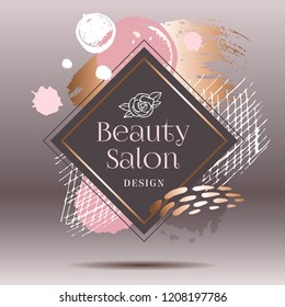 Golden pink art frames. Modern card design, brush stroke, gold, premium brochure, flyer, invitation template. Pastel rose colors brush strokes, pink gold contour square frame. Abstract background.