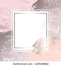 Golden pink art frames. Modern card design, brush stroke, gold, premium brochure, flyer, invitation template. Pastel rose brush strokes, pink gold contour square frame. Vector abstract background.