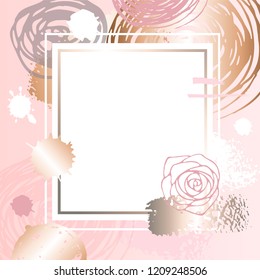Golden pink art frames. Modern card design, brush stroke, gold, premium brochure, flyer, invitation template. Pastel rose brush strokes, pink gold contour square frame. Vector abstract background.