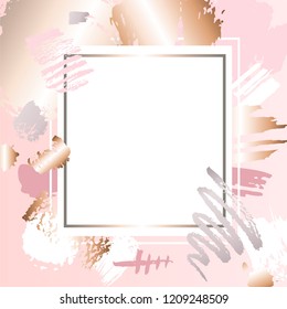 Golden pink art frames. Modern card design, brush stroke, gold, premium brochure, flyer, invitation template. Pastel rose brush strokes, pink gold contour square frame. Vector abstract background.