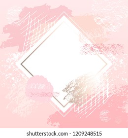 Golden pink art frames. Modern card design, brush stroke, gold, premium brochure, flyer, invitation template. Pastel rose brush strokes, pink gold contour square frame. Vector abstract background.