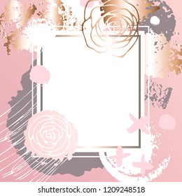 Golden pink art frames. Modern card design, brush stroke, gold, premium brochure, flyer, invitation template. Pastel rose brush strokes, pink gold contour square frame. Vector abstract background.