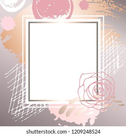 Golden pink art frames. Modern card design, brush stroke, gold, premium brochure, flyer, invitation template. Pastel rose brush strokes, pink gold contour square frame. Vector abstract background.