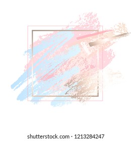 Golden pink art frames. Modern card design, brush stroke, gold, premium brochure, flyer, invitation template. Pastel rose colors brush strokes, pink gold contour frame. Vector abstract background.