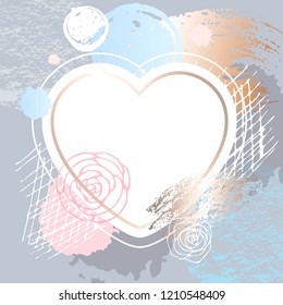 Golden pink art heart frames. Modern card design, brush stroke, gold, premium brochure flyer invitation template. Pastel rose colors brush strokes, pink gold contour frame. Vector abstract backgroun