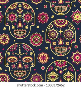 Golden and pink festive mexican sugar skull decorated with flowers pattern. Vector seamless pattern design for textile, fashion, paper, packaging and branding. 