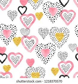 Golden and pink heart pattern. Valentine's Day seamless background.