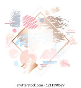 Golden pink nude art frames. Modern card design, brush stroke, lines, points, gold, premium brochure, flyer, invitation template. Beauty identity elegant style. Hand drawn vector.