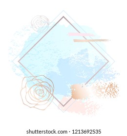 Golden pink nude art frames. Modern card design, brush stroke, lines, points, gold, premium brochure, flyer, invitation template. Beauty identity elegant style. Hand drawn vector.