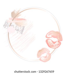 Golden pink nude art frames. Modern card design, brush stroke, lipstick traces, gold, imprint lips, kiss, premium brochure, flyer, invitation. Beauty identity elegant style. Hand drawn vector.