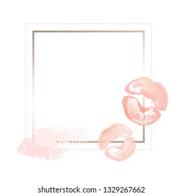 Golden pink nude art frames. Modern card design, brush stroke, lipstick traces, gold, imprint lips, kiss, premium brochure, flyer, invitation. Beauty identity elegant style. Hand drawn vector.