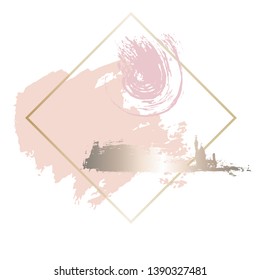 Golden pink nude art frames. Modern card design, brush stroke, lines, points, gold, premium brochure, flyer, invitation template. Beauty identity elegant style. Hand drawn vector.