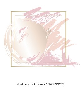 Golden pink nude art frames. Modern card design, brush stroke, lines, points, gold, premium brochure, flyer, invitation template. Beauty identity elegant style. Hand drawn vector.