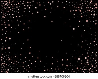 Golden or pink platinum stars confetti. Christmas, new year celebration, birthday party, carnival or festival glamour design. Luxury stardust. Shiny festive glitter. Vector cosmic frame background.