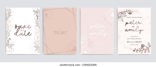 Golden pink Wedding Invitation, floral invite thank you, rsvp modern card Design in white Peony with red berry and leaf greenery  branches decorative Vector elegant rustic template