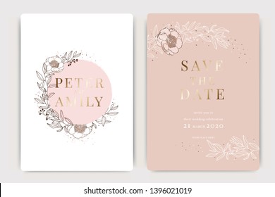 Golden pink Wedding Invitation, floral invite thank you, rsvp modern card Design in white Peony with red berry and leaf greenery  branches decorative Vector elegant rustic template