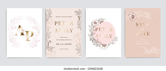 Golden pink Wedding Invitation, floral invite thank you, rsvp modern card Design in white Peony with red berry and leaf greenery  branches decorative Vector elegant rustic template