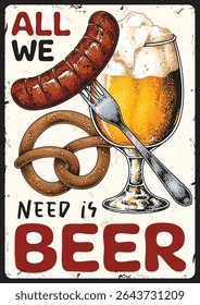 A golden pint of beer sits beside a fork with a sausage and a soft pretzel. The setting reflects a fun gathering atmosphere perfect for socializing with friends.