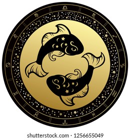 Golden Pisces horoscope symbol. Vector Zodiac sign.