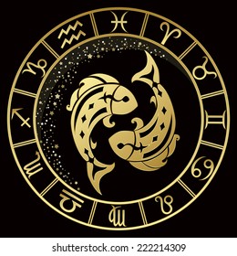 Golden Pisces zodiac sign. Vector Illustration 