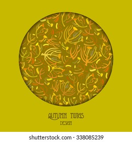Golden pistachio autumn circle design with twigs pattern background. Text place. Vector illustration.