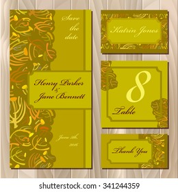 Golden pistachio autumn tansy twigs. Set printable backgrounds to celebrate the wedding. Invitation card, table number, guest card, save the date text. Vector illustration. 