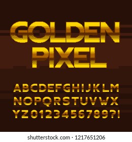 Golden pixel alphabet font. Digital letters and numbers. 80s arcade video game typeface.