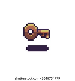 Chave de arte de pixel dourado com sombra escura, renderizada em estilo retro de 8 bits. Perfeito para inventário de jogos, portas travadas, quebra-cabeças ou RPGs de pixel