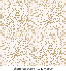 Golden pixel background. Abstract seamless pattern with small random scattered squares, rectangles, tiny dots. Gold and white minimal grunge halftone texture. Stylish luxury repeat digital design