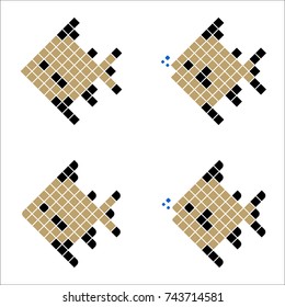 Golden Pixel Fish, Geometric Fish consisting of color Squares, Polygonal Fish Silhouette on white background