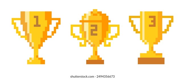 Golden pixel trophy cup isolated on white background. Symbol of Victory. Flat design. Vector illustration.
