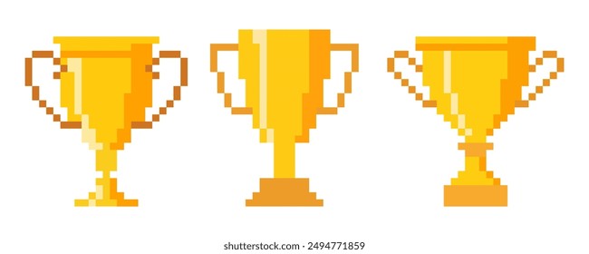 Golden pixel trophy cup isolated on white background. Symbol of Victory. Flat design. Vector illustration.