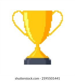 Golden pixel trophy cup isolated on white background. Symbol of Victory. Flat design. Vector illustration.	