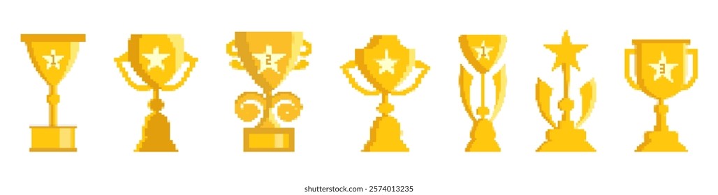 Golden pixel winner trophy icons collection for video games