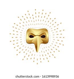 Golden plague doctor mask with splash halo. Venetian carnival symbol on a white background.