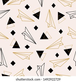 Golden plane and golden and black geometric elements in a seamless pattern design, perfect to use on the web, or in print