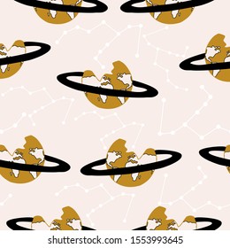 Golden planets and celestial elements in a seamless pattern design, perfect to use on the web or in print