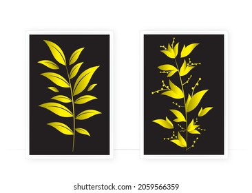 Golden plant silhouette isolated on black background, vector. Minimalist poster design in two pieces. Wall art, artwork. Golden flower illustration and plant silhouette