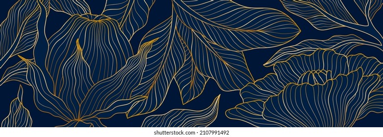 Golden plants background. Gold blue foliage, glamour japanese leaf. Art backdrop with floral planting, nature luxury design. Abstract lotus swanky vector banner