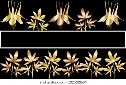 Golden plants on black background. Vector illustration for wedding, birthday and party. 
Design for banner, poster, wrapping, card and invitation on a black background.