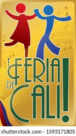 Golden plaque of Feria de Cali (written in Spanish) event, with salsa dancers pictogram, Colombian flag and musical notes.
