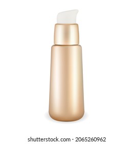 Golden plastic pump bottle. Airless cosmetic container mockup. Face cream dispenser cap bottle template. Foundation gel mini package blank. Beauty lotion packaging