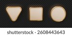 Golden plate button shape with frame. Realistic isolated design element, golden glossy label. Realistic 3D design.