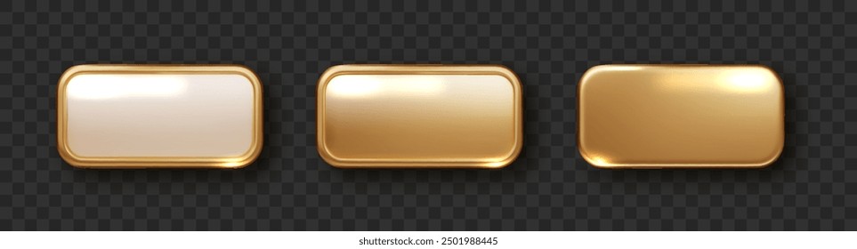 Golden plate button shape with frame. Realistic isolated design element, golden glossy label. Realistic 3D design.