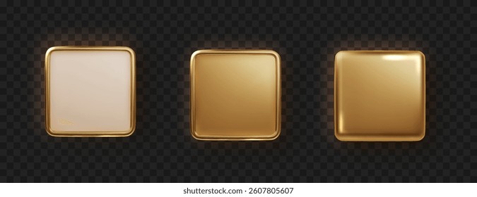 Golden plate button shape with frame. Realistic isolated design element, golden glossy label. Realistic 3D design.