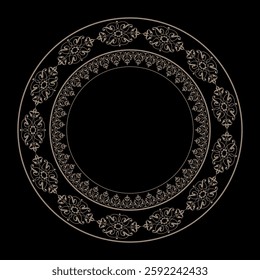 Golden plate with lace design on black background. Beautiful round frame arabesques. Vintage frame with arabesques. Pattern frame for round surface, household utensil, textile, embroidery, porcelain. 