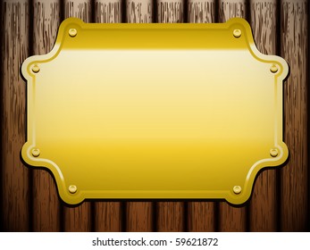 Golden plate on wooden background (vintage vector)