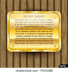 Golden plate on wooden background (vintage vector)